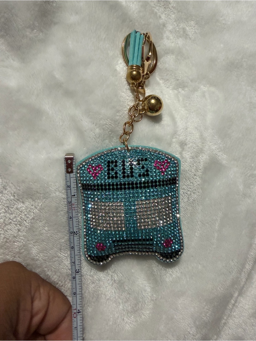 Plushy Rhinestone Turquoise Bus Key Charm - Picture 3 of 5